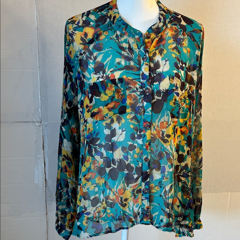 Kut from the Kloth Semi Sheer Raglan Long Sleeve Jasmine Floral Blouse Sz L